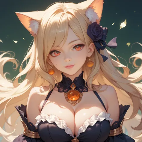 anime catgirl blonde long hair, orange eyes, whole body picture, corsage deep cleavage