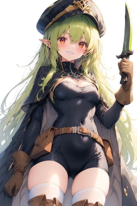  long yellow-green hair,  eyes with yellow-green highlights,  white background,  1 girl,chest,masterpiece,  anatomically correct,  standing picture,  white garter stocking,green and black robe, bodysuit, Brown long boots, waist pouch, brown gloves,Long poi...