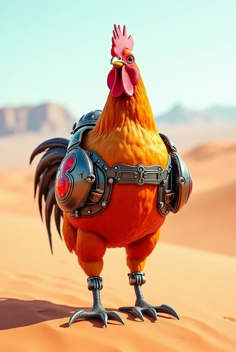  Western Steampunk  . A rooster with a confident appearance in the colors Red and Yellow,Fat rooster ,  he has two metal spurs on his legs , Si-fy  , Science fiction,  Modified with technological parts , with Steam Punk technology , Desert Adventure Scener...