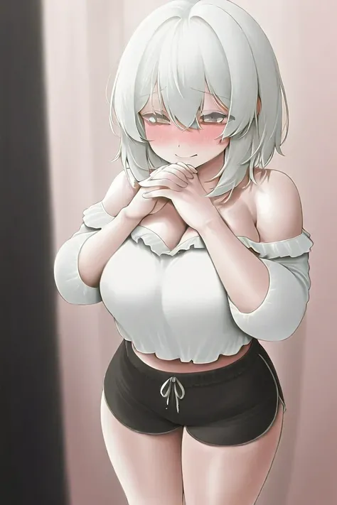 A girl wearing a short, loose white blouse, She has white hair and gray eyes, She's wearing black shorts, Your breasts and ass are big, She is standing with an embarrassed face and her hands clasped on her leg.