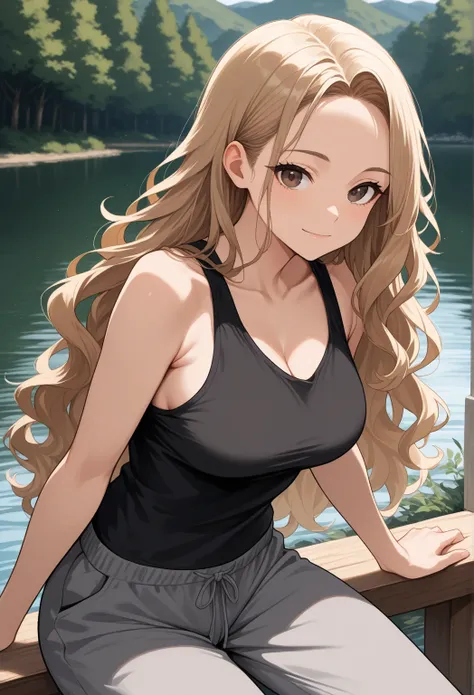 1girl, Masterpiece, Best Quality, dark blonde hair, long hair, sidelocks, wavy hair, forehead, dark brown eyes, light skin, Breasts, black tank top, gray baggy sweatpants, French Canadian and Italian ethnicity, outside, lake, strong gale, Closed Mouth, Lig...