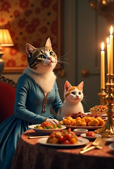 Cinematic scene of a cat in a blue dress with her son celebrating at the table full of food 