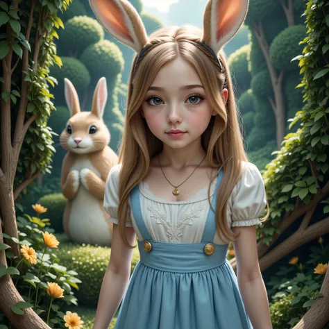 a girl in a maze, alice in wonderland, human rabbit, lost in time, whimsical, detailed fantasy landscape, lush green foliage, surreal and dreamlike atmosphere, beautiful detailed eyes, beautiful detailed lips, extremely detailed face, long eyelashes, intri...