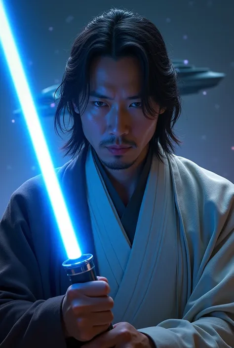 Shogun's Hiroyuki Sanada, reimagined as a Jedi, blue lightsaber, spaceship in background, star wars cross over, 