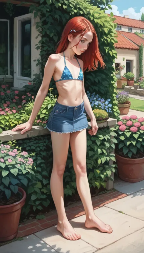 a girl showing her feet to the spectator,  flat breasted, denim mini skirt, bikini top,  bare feet, garden, outside,  red hair