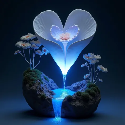 Create a stunning ceramic art piece, a sculpture of a ceramic lake fed by a beautiful waterfall, bathed in a soft blue light that illuminates the landscape. At the center, a Lamprocapnos spectabilis (Bleeding Heart flower) crafted in white ceramic stands o...