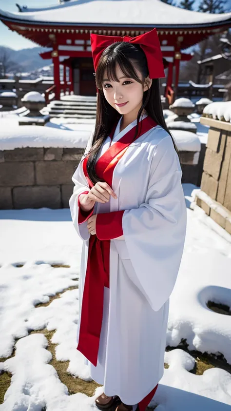 (masterpiece:1.5,  photorealistic, 32K,  top quality, ​masterpiece),  Highly Detailed Skin and Face Textures:1.3,   detailed eyes  , Detailed limbs, Night in a snowy country:1.2, Temple grounds:1.2, Cute and sexy woman,  white skin,  natural smile ,  above...