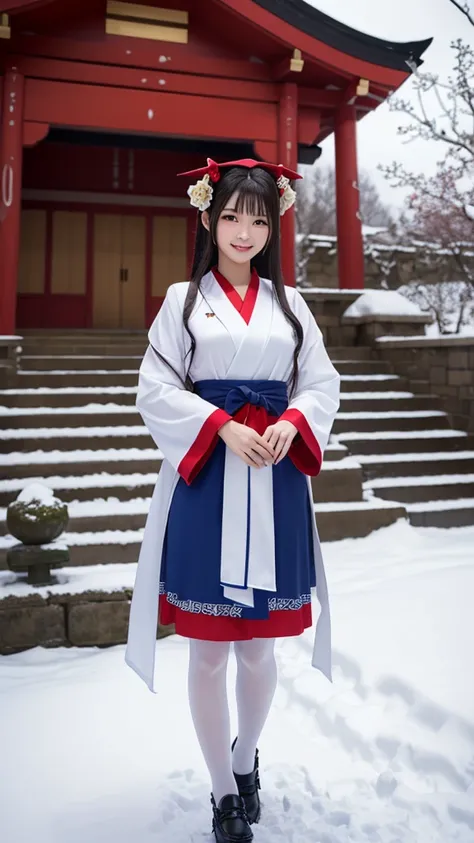 (masterpiece:1.5,  photorealistic, 32K,  top quality, ​masterpiece),  Highly Detailed Skin and Face Textures:1.3,   detailed eyes  , Detailed limbs, Night in a snowy country:1.2, Temple grounds:1.2, Cute and sexy woman,  white skin,  natural smile ,  above...