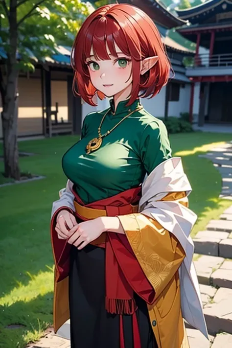 Beautiful elf female, photoreaistic, warrior monk, fair skin, (((short red hair))), green eyes, black eyeliner, ((large breasts)), pointy ears. Wearing green chinese shirt. Japanese village background. Wearing Buddhist bead necklace. 