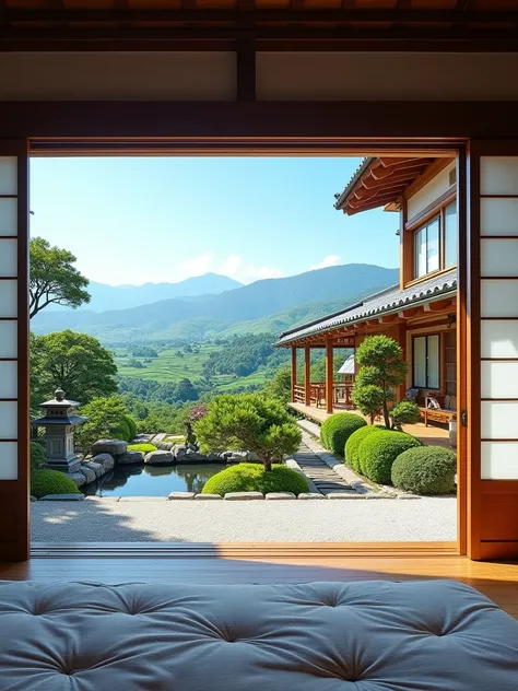  An elegant one-story Japanese house with a beautiful tatami room overlooking a meticulously pruned garden.  The garden features traditional elements such as stone lanterns , bonsai trees, and a koi pond .  The scene extends to a serene country landscape ,...