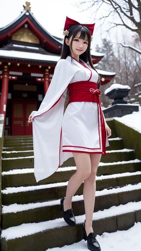 (masterpiece:1.5,  photorealistic, 32K,  top quality, ​masterpiece),  Highly Detailed Skin and Face Textures:1.3,   detailed eyes  , Detailed limbs, Night in a snowy country:1.2, Temple grounds:1.2, Cute and sexy woman,  white skin,  natural smile ,  above...