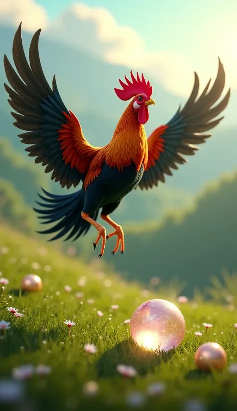 The rooster leaving and leaving the pearl behind, Disney pixar style 