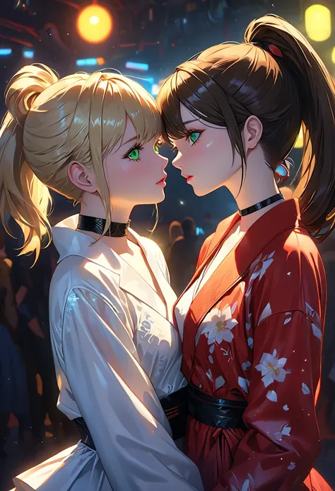 (masterpiece,  top quality, 8k,  sharp concentration,  depth of coverage, Best Shadow,  perfect light,  high resolution,  realistic skin texture, ultra-  Details background,   Details),  anime style, Two women kissing ( one of them has green eyes,  white s...