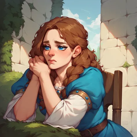 a female dwarf with brown hair and blue eyes sits on a stone throne in a castle. she looks somewhat depressed and sad. she wears medieval royal outfit clothes.