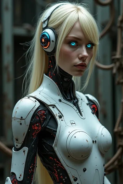 "A futuristic female android in a dark, detailed industrial setting. Her design blends organic and mechanical lines, featuring a sleek silver armor with exposed metallic segments revealing glowing red circuits. Her face displays delicate, human-like featur...