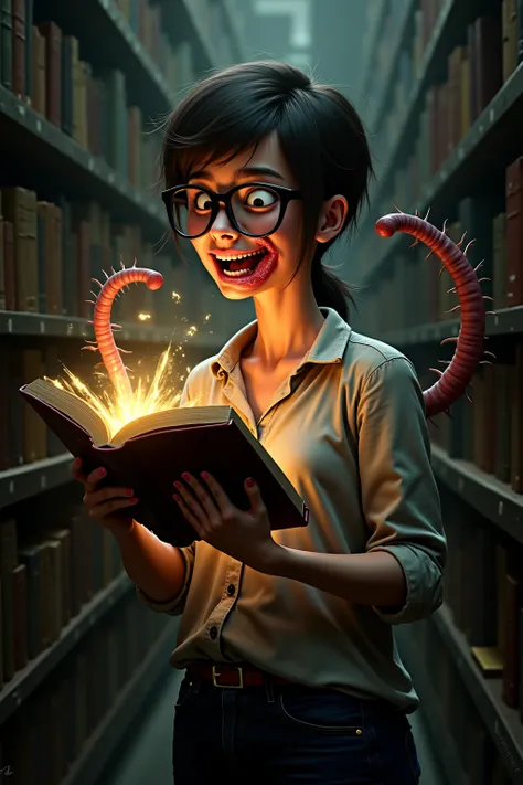 a nerdy female librarian is reading a forbidden when she begins transforming into a bookworm. transformation, mid-transformation, glowing book, magic coming from book, librarian glasses, ripped clothing, large breasts, long unkempt hair, fingers fusing tog...