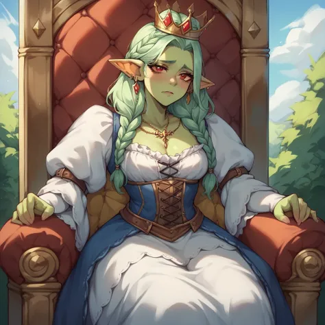 a female goblin with light green skin and red eyes. she wears a crown and sits in a throne. she looks depressed and sad. she wears medieval clothes.