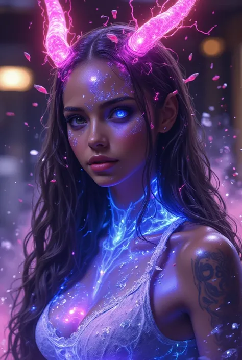  (limited palette:neon pink and blue ),sexy nun, android, black woman, big bare chested, devil horns \(large\), highly detailed, dmt, witch, geodes, glowing eyes, light flowing ,fire flowing glowing water, crystals, metal, 