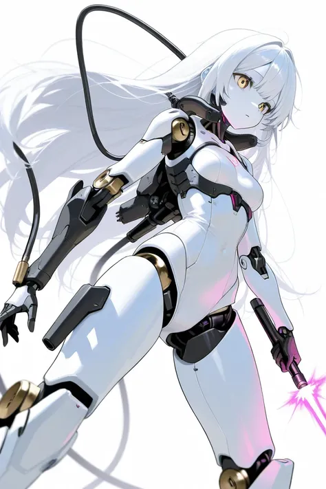 (highest quality, background detailed), highest quality, original detailed video, (golden eyes), image from waist up, inorganic facial expression, inorganic gaze, detailed mechanical joints, reinforced exoskeleton, white leotard, white skin, white hair, lo...