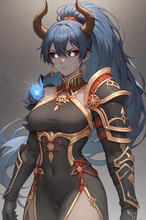 Gray skin,woman, white eyes, black sclera, sunken eyes, cracks in the skin, Black dress with gold details, black metal boots and gold details, Black long metal gloves with gold details, Black shoulder pads with gold details,dark Blue hair,Serious face, Wid...