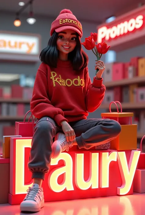 Uma renderização 3D de uma personagem chamada D'Laury ela está Sorrindo e cheia de compras as seu redor 🛍️.   She is wearing a cozy red sweater with gold letters that read "Link do grupo na Bio 🛍️",  a hat with the name   "D'Laury" embroidered on it  ,   t...