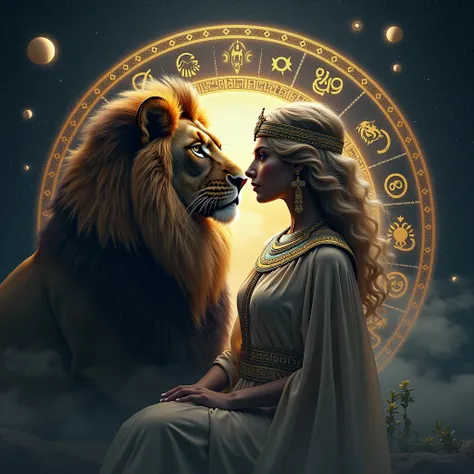  A lion in the middle of the galaxy .  along with the profile of a very beautiful young Egyptian goddess ,  with a golden headband with very colorful Egyptian ornaments  ,Turquesa, pink and gold ; short curly blond hair that and wears an ancient Greek-styl...