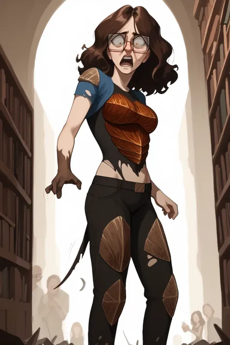 a nerdy female librarian ((an earthworm with human face, hair, and breasts)) is reading a forbidden when she begins transforming into a bookworm. glowing book, magic coming from book, librarian glasses, ripped clothing, large breasts, long unkempt hair, lo...