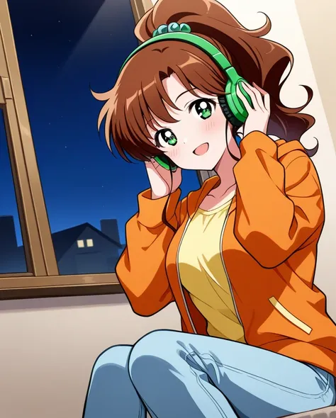 obra maestra, mejor calidad, smile, 1 girl, LONg hair, Brown hair, green eyes, ponytail hairstyle, orange jacket, yellow top, light blue jeans, sitting on window, Kino Makoto, NIght, hair accessory, MEdium boobs, SHINY EYEs, smile, wearing headphones, gree...