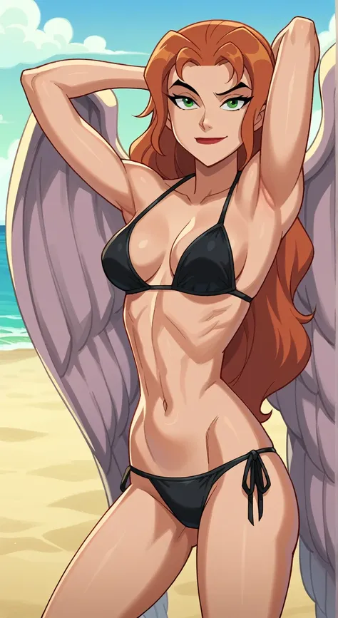 score_9, score_8_up, score_7_up, source_anime, anime screencap, 1girl, solo, shayera hol, angel wings, feathered wings, wings, long hair, green eyes, side tie bikini, black bikini, medium breasts, bare shoulders, bare arms, arms behind head, armpits, looki...