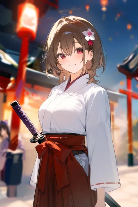 shrine　Low angle view of a woman wielding a Japanese sword　 long brown hair with purple inner color　 white shirt 　Red Hakama　Beautiful　 Flower Hair Ornament　smile