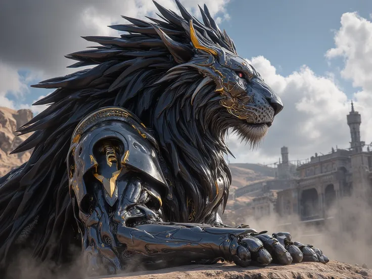 A lion ,  wears dark silver armor with gold inlays, intricate design,  vibrant colors,  is on a rock,  in the distance a ruined city, desert and dust all around,  dramatic lighting,  masterpiece,  ultra Detailed ,  high definition,  fantasy art , Unreal En...