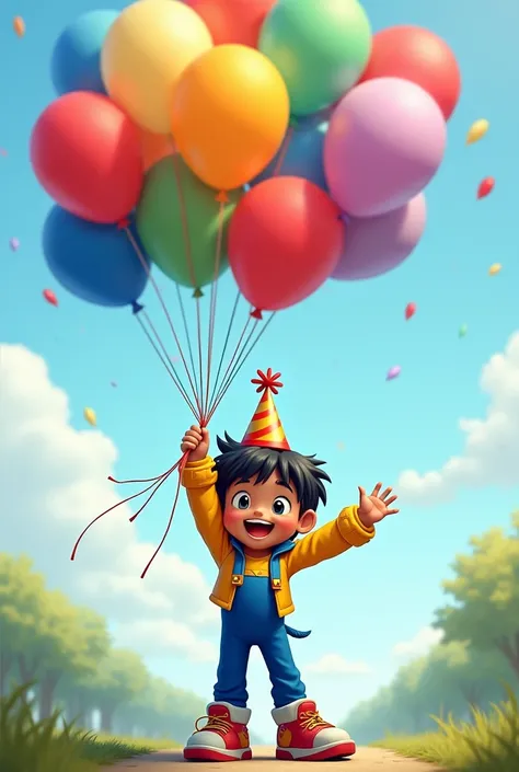 Make a  boy holding balloons for his birthday. The feature must be brownish-skinned, with dark eyes and short straight hair. With a Sonic outfit and a birthday hat on his head 