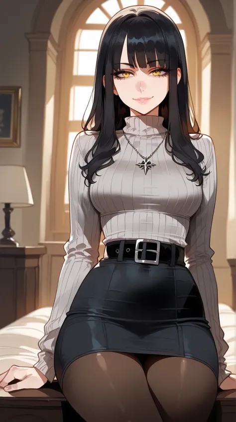 top quality, masterpiece, ultra high definition, 1 anime girl with long black hair and yellow eyes, goth, shiny skin, dramatic lighting, whole body, smile, BREAK solo, sitting, pantyhose, grey sweater dress, belt, necklace, background indoors, dynamic pose...