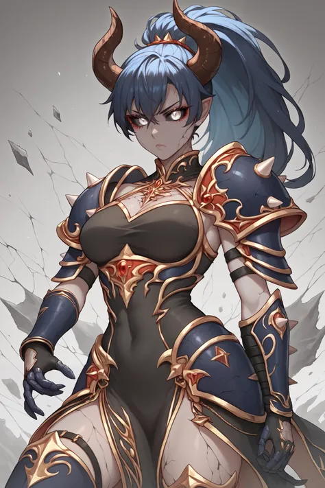 Gray skin,Monster woman, white eyes, black sclera, sunken eyes, cracks in the skin, Black dress with gold details, black metal boots and gold details, Black long metal gloves with gold details, Black shoulder pads with gold details,dark Blue hair,Serious f...
