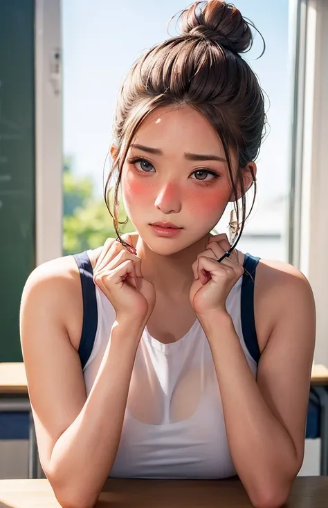 女性 teacher  ,  navy、 sleeveless、(((topknot)))
(((masterpiece))), ((  top quality)), (( 複雑な Details)), ((  super realistic realism )), ,  mature women,   mature women,   see through,    high definition  , illustration, 1人の mature women,    perfect hands,   ...