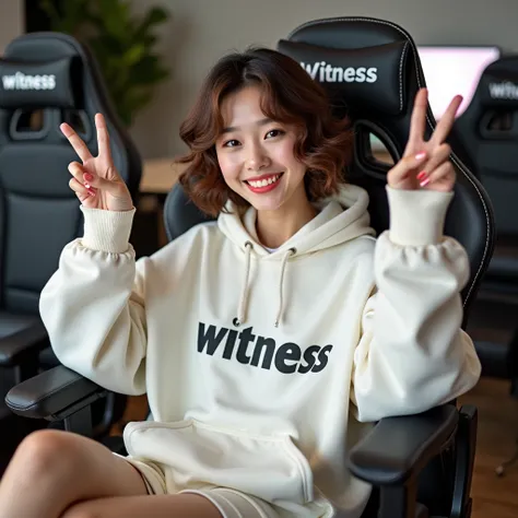 A beautiful Korean woman with short curly shiny brown hair sits on a gaming chair wearing a polite white hoodie , With a name on the hoodie  " witness  ". She raises her hands in a nice peace movement position(✌🏻)  with a beautiful smile . She wears short ...