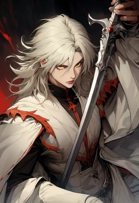  A man, young appearance,  yellow eyes,  long straight white hair, Alucard de Castlevania, beautiful,  Holding a silver sword.