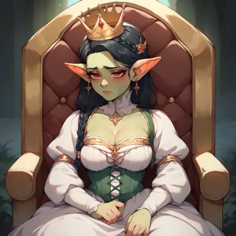 a female goblin with light green skin and red eyes and black hair. she wears a crown and sits in a throne. she looks depressed and sad. she wears medieval clothes.