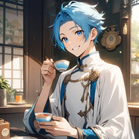  Boy with bright blue hair, drinks tea in white clothes and smiles sweetly