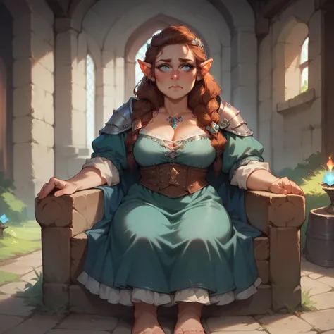 a dwarf with brown hair and blue eyes sits on a stone throne in a castle. she looks somewhat depressed and sad. she wears medieval royal outfit clothes.