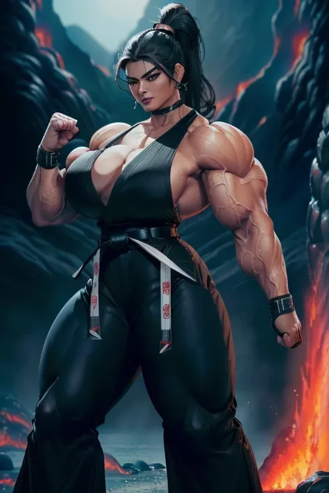 ((Close-up)), tall, (jet black hair) beautiful muscular woman, wavy ponytail, black skin, closed smile, (large breast), (black lipstick), (massive muscles), (hyper muscle), (((ginormous bulky muscles))), white eyes, (((((full karate outfit and pants with b...