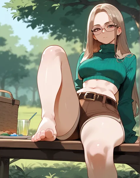 picnic table, foot focus,sitting,1girl,looking at viewer,big booty,dimples of venus,mimoza,glasses, turtleneck, green sweater, crop top, navel, midriff, belt, brown shorts