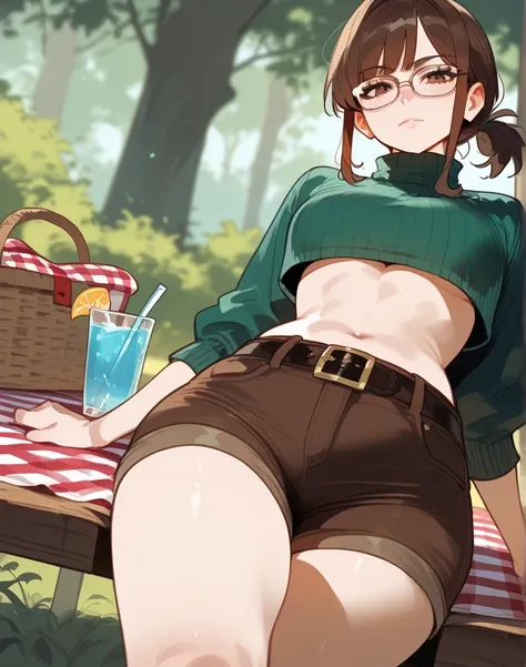 picnic table, foot focus,sitting,1girl,looking at viewer,big booty,dimples of venus,mimoza,glasses, turtleneck, green sweater, crop top, navel, midriff, belt, brown shorts