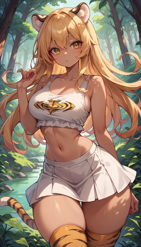  tiger pattern hair ,  long hair, Tiger Ears,  golden eyes, bright tan ,  cute, ( big size,  huge thighs ,  extremely wide hips ,  curvy,  slim waist),  White Cropped Tank Tops ,  White Ruffle Skirt ,  thigh high socks, forest, nature