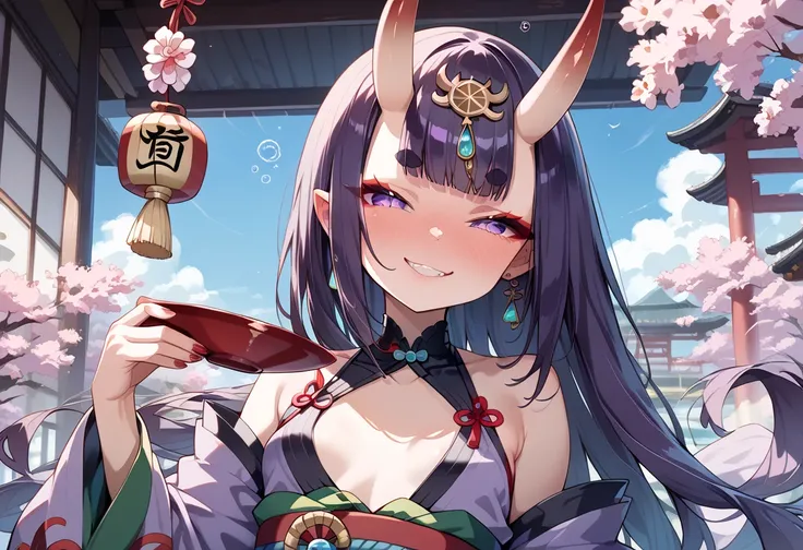 ((masterpiece, best quality, ultra detailed, high resolution, detailed facial description, perfect hands, perfect eyes)), (1 woman, solo), (oni, Shuten Doji, oni horns), (small breasts), (purple long hair, blunt bangs), (purple eyes, slit pupils, red eyeli...