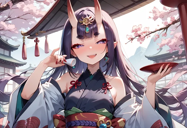 ((masterpiece, best quality, ultra detailed, high resolution, detailed facial description, perfect hands, perfect eyes)), (1 woman, solo), (oni, Shuten Doji, oni horns), (small breasts), (purple long hair, blunt bangs), (purple eyes, slit pupils, red eyeli...