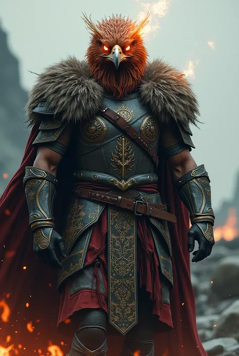 An armored Viking with a burning eagle's face