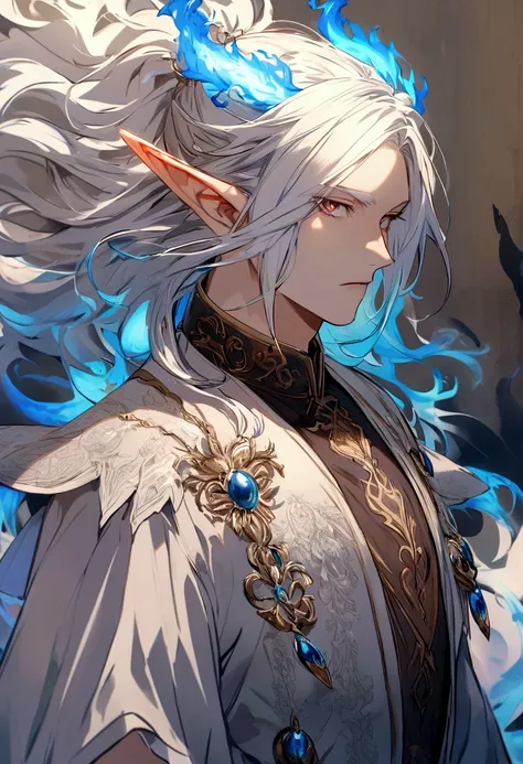  An elf man with long white hair and light blue horns,  this ELF MAN has pointed ears , this MAN has brown eyes ,  his masculine costume has fire details with blue flames 