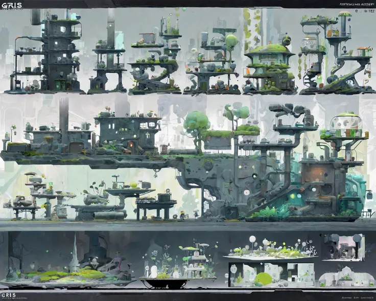 Best aesthetic, model sheet , plataform game, 2D game , like GRIS game , game assets, background,Urban environment invaded by vegetation, concept art