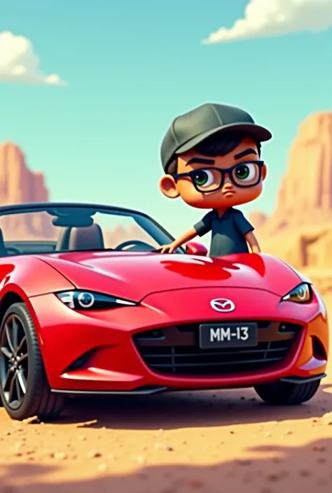 Mazda mx5 red with funko type character, The character must be brown with glasses and cap